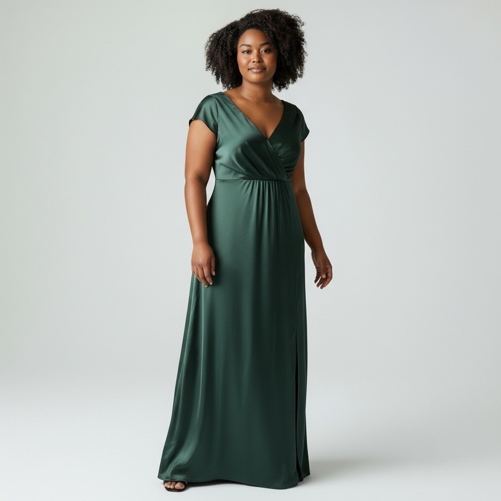 Azazie Green Satin Formal Cap Sleeve Maxi Dress 18 Wedding Guest Bridesmaid Gala - Picture 1 of 13